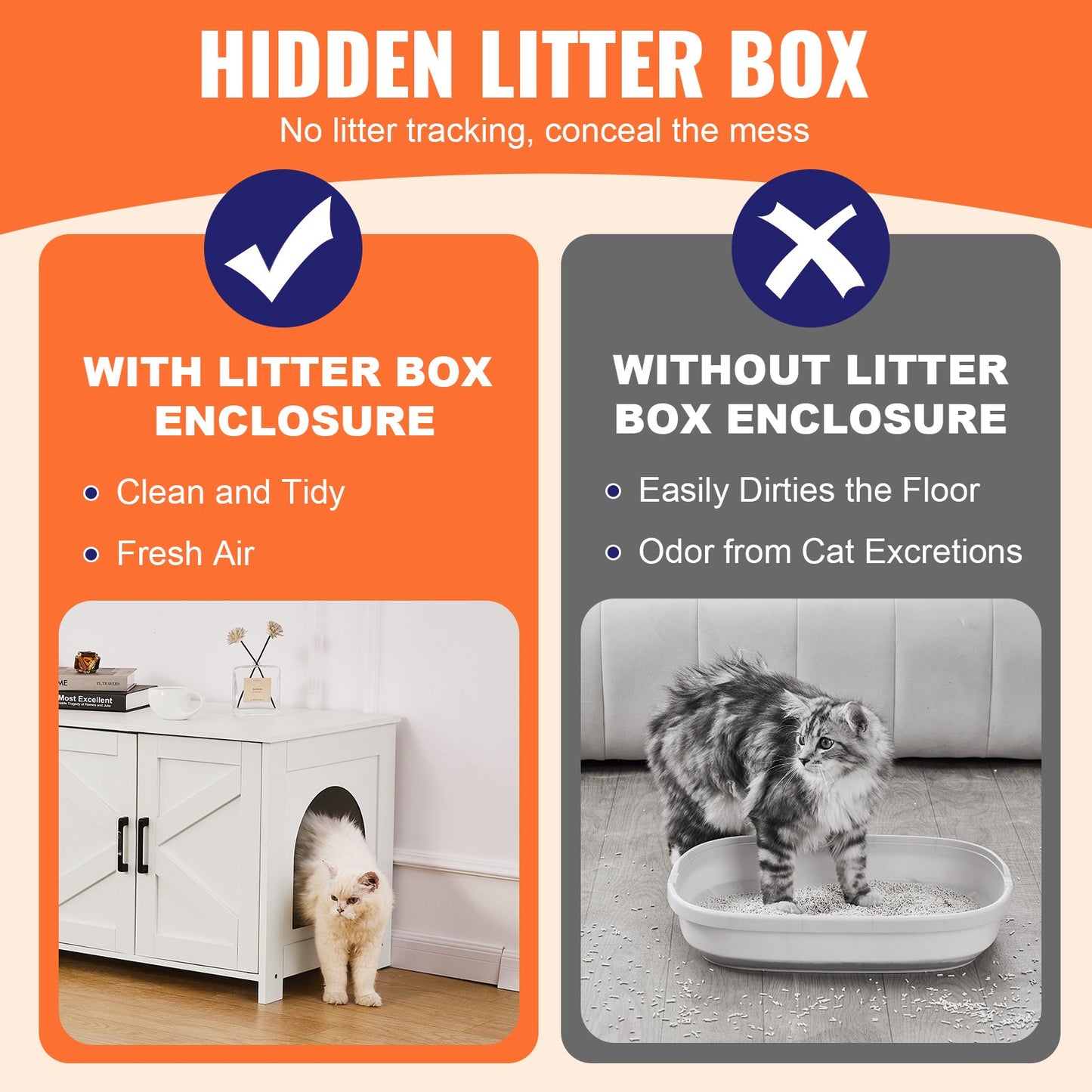 Wooden Cat Litter Box Enclosure Furniture Hidden 2-Room Cat House Cabinet White Pet Storage Cabinet