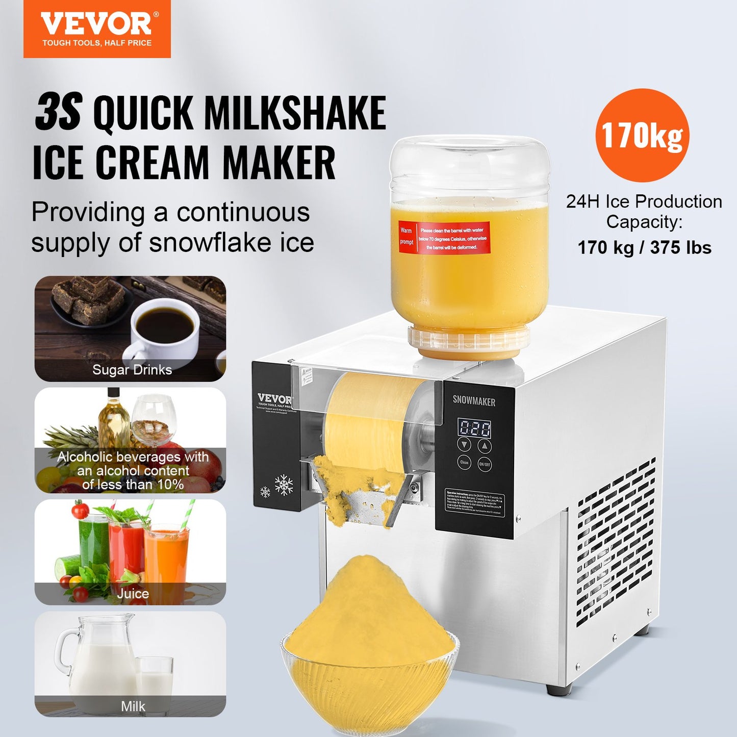 Commercial Snowflake Ice Machine 375LBS/24H Stainless Steel Ice Maker for Restaurant and Food Service Use