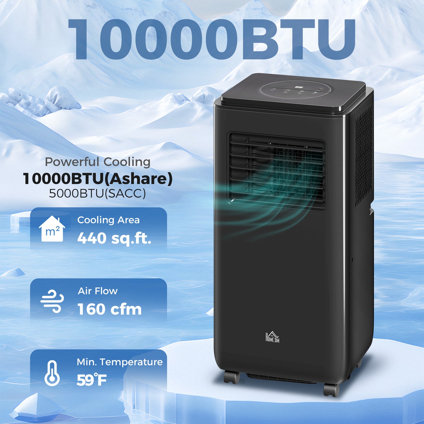 10,000 BTU Portable Air Conditioner for 440 Sq Ft Room with Dehumidifier Fan 24H Timer Window Kit Black