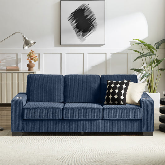 83.86 Inch Corduroy Fabric Sofa Modern 3 Seater Compressed Couch for Living Room Bedroom Office Blue