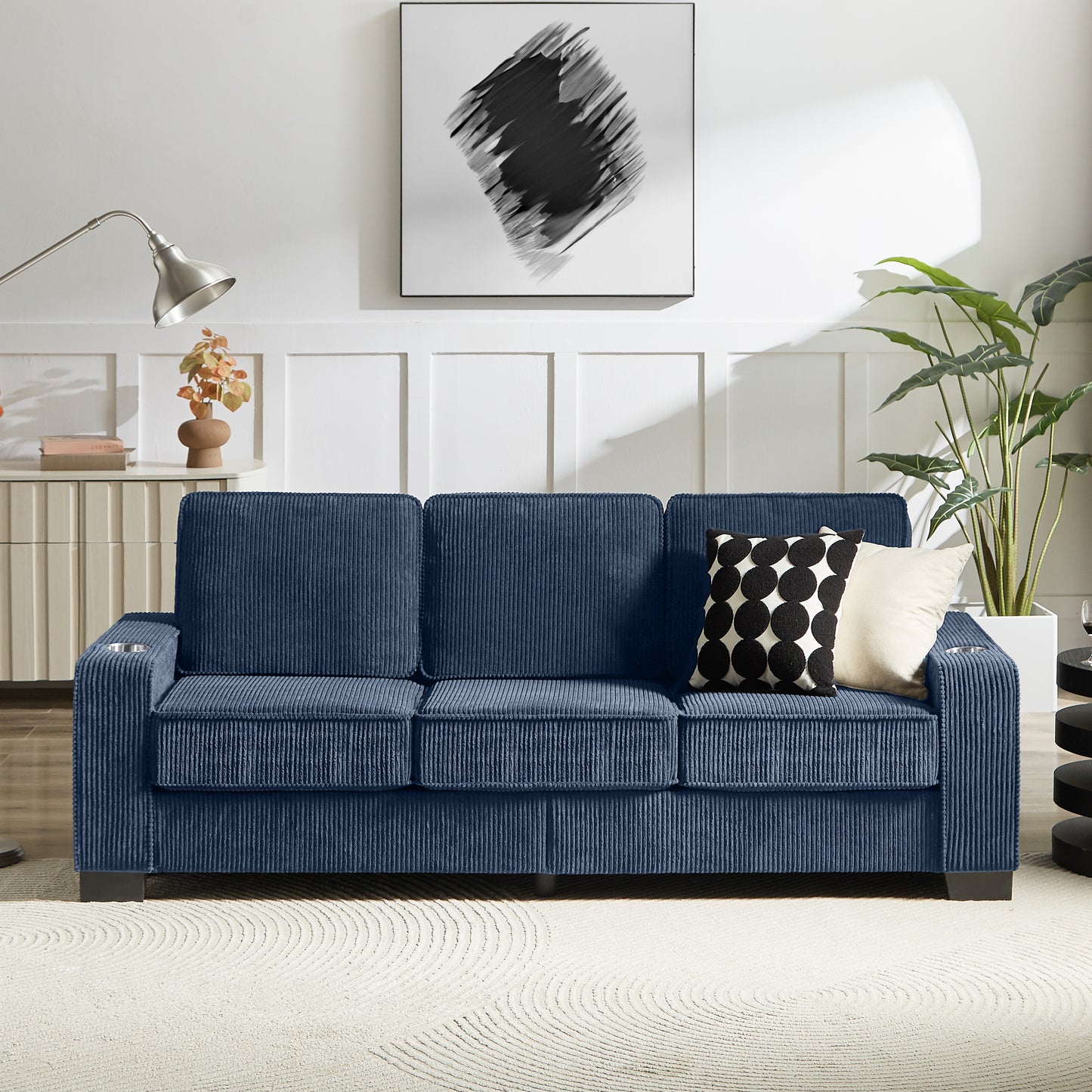 83.86 Inch Corduroy Fabric Sofa Modern 3 Seater Compressed Couch for Living Room Bedroom Office Blue
