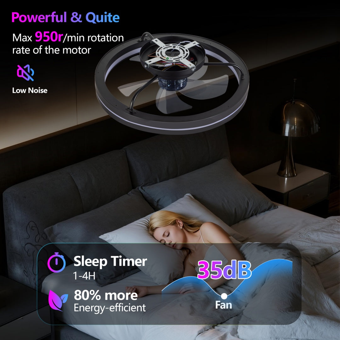 RGB LED Ceiling Fan Light Low Profile Bladeless Fandelier 19IN Flush Mount Smart App Remote Control Bedroom Ceiling Fan
