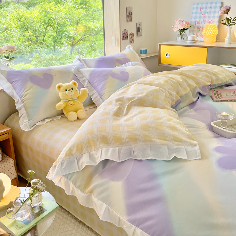 Small Floral Cotton Four Piece Bedding Set Princess Style Duvet Cover Bed Sheet Pillowcase Soft Bedroom Set