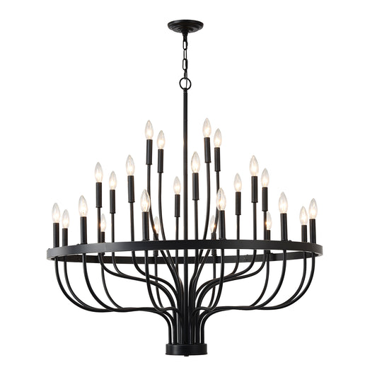 24-Light Black Industrial Candle Chandelier – Modern Farmhouse Iron Pendant Light for Dining Room, Living Room & Foyer (E12 Bulb)