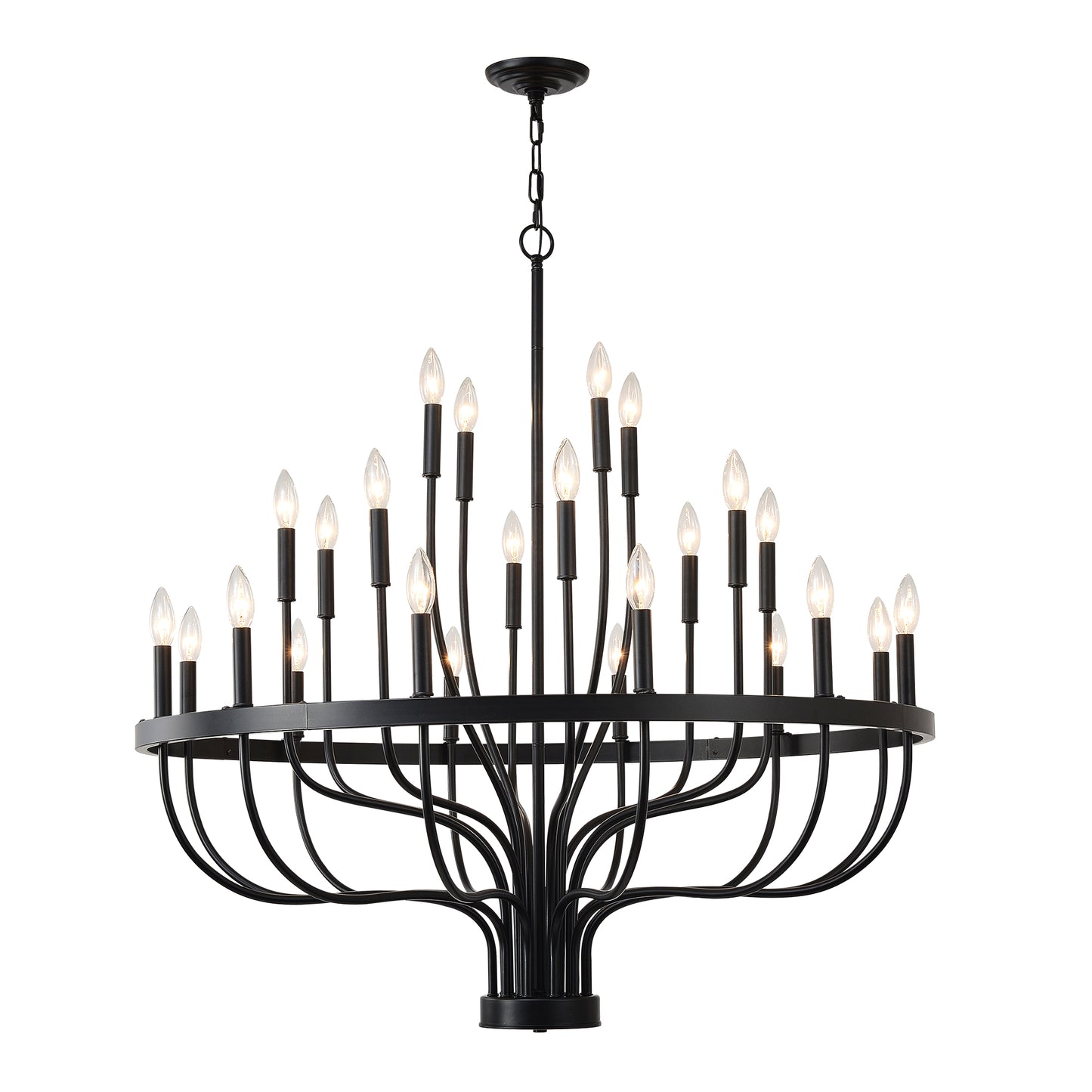 24-Light Black Industrial Candle Chandelier – Modern Farmhouse Iron Pendant Light for Dining Room, Living Room & Foyer (E12 Bulb)