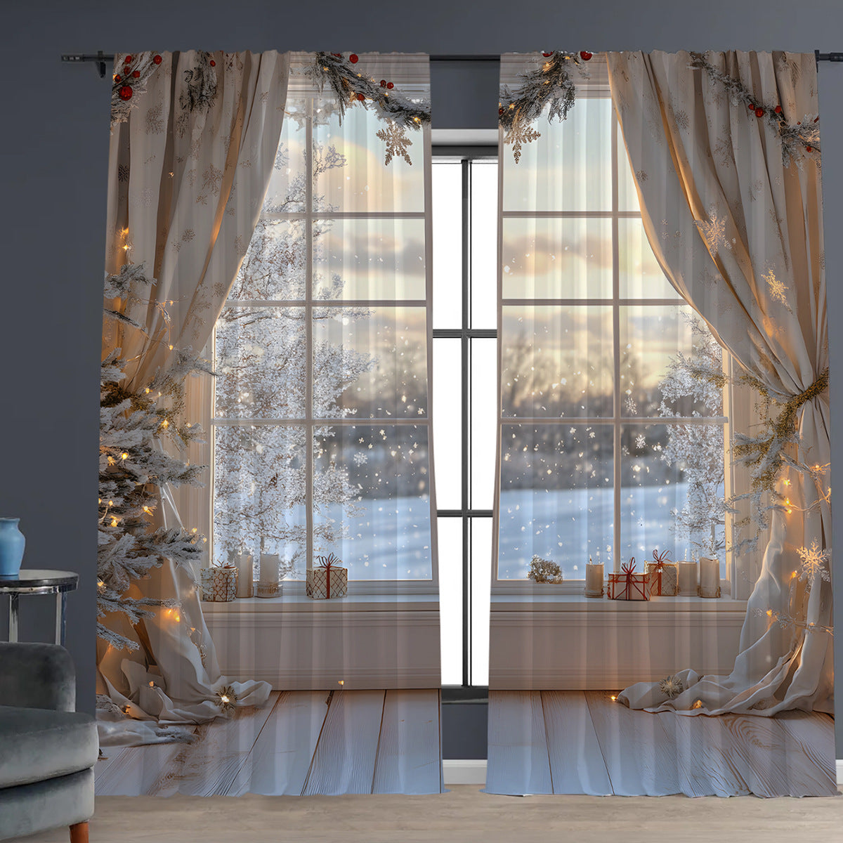 2PCs Christmas Curtains 3D Digital Printing Flower Window Drapes Festive Home Decoration