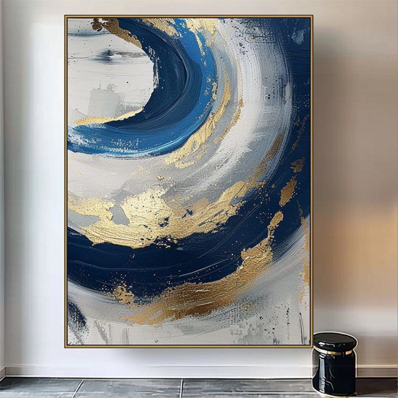 Luxury Handmade Abstract Oil Painting on Canvas Modern Golden Blue Minimalist Texture Wall Art for Living Room Decor Frameless