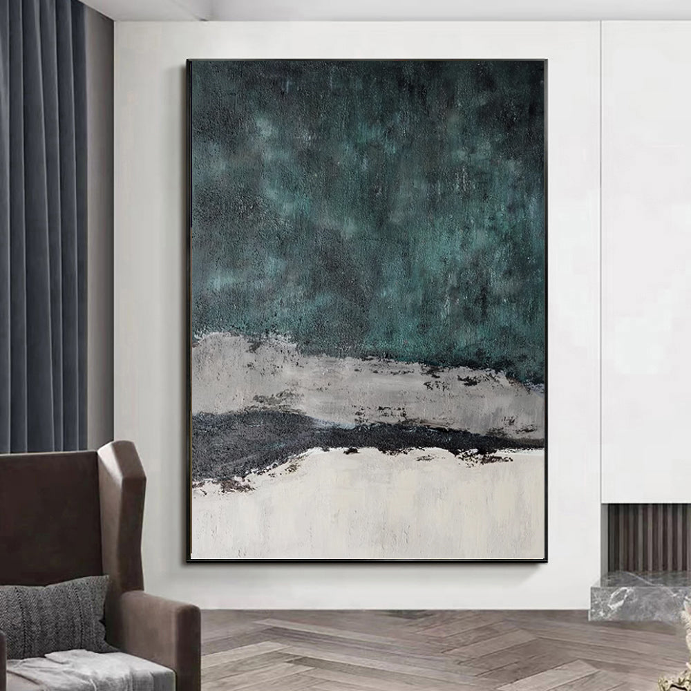 Large Handmade Abstract Painting – Retro Green Wabi-Sabi Texture Wall Art for Living Room Decor