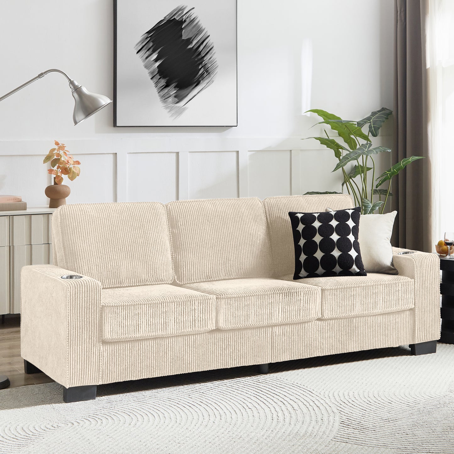 83.86 Inch Corduroy Fabric Sofa Modern 3 Seater Compressed Couch for Living Room Bedroom Office Beige