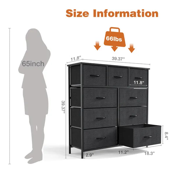 Bedroom Dresser with 9 Fabric Drawers Tall Storage Chest Organizer Wardrobe Closet for Adult and Kids Clothes Furniture