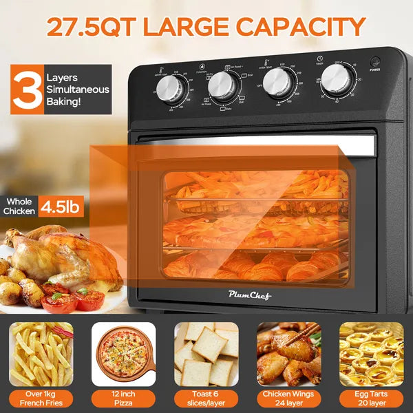 27.5QT 6 in 1 Air Fryer Toaster Oven Dropdown Door 6 Slice Countertop Convection Oven for Air Frying Baking Roasting Broiling and Grilling 1600W Black