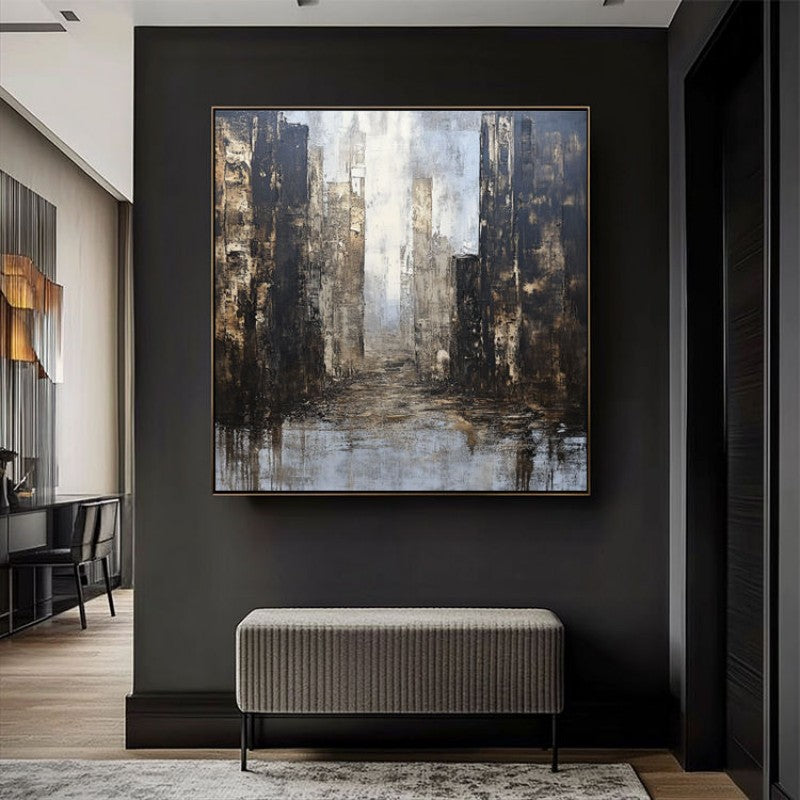 Hand Painted Abstract Urban Architecture Canvas Painting Textured Acrylic Wall Art Modern Living Room Decor