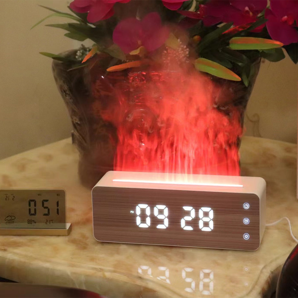 Flame Humidifier Aromatherapy Machine with Clock Display Desktop LED Mist Diffuser for Bedroom Home Relaxation