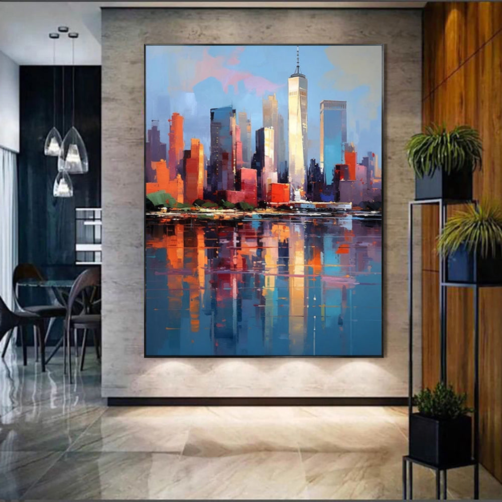 Handmade Abstract New York City Urban Architecture Oil Painting on Canvas Wall Art for Living Room Home Decor Frameless Unstretched