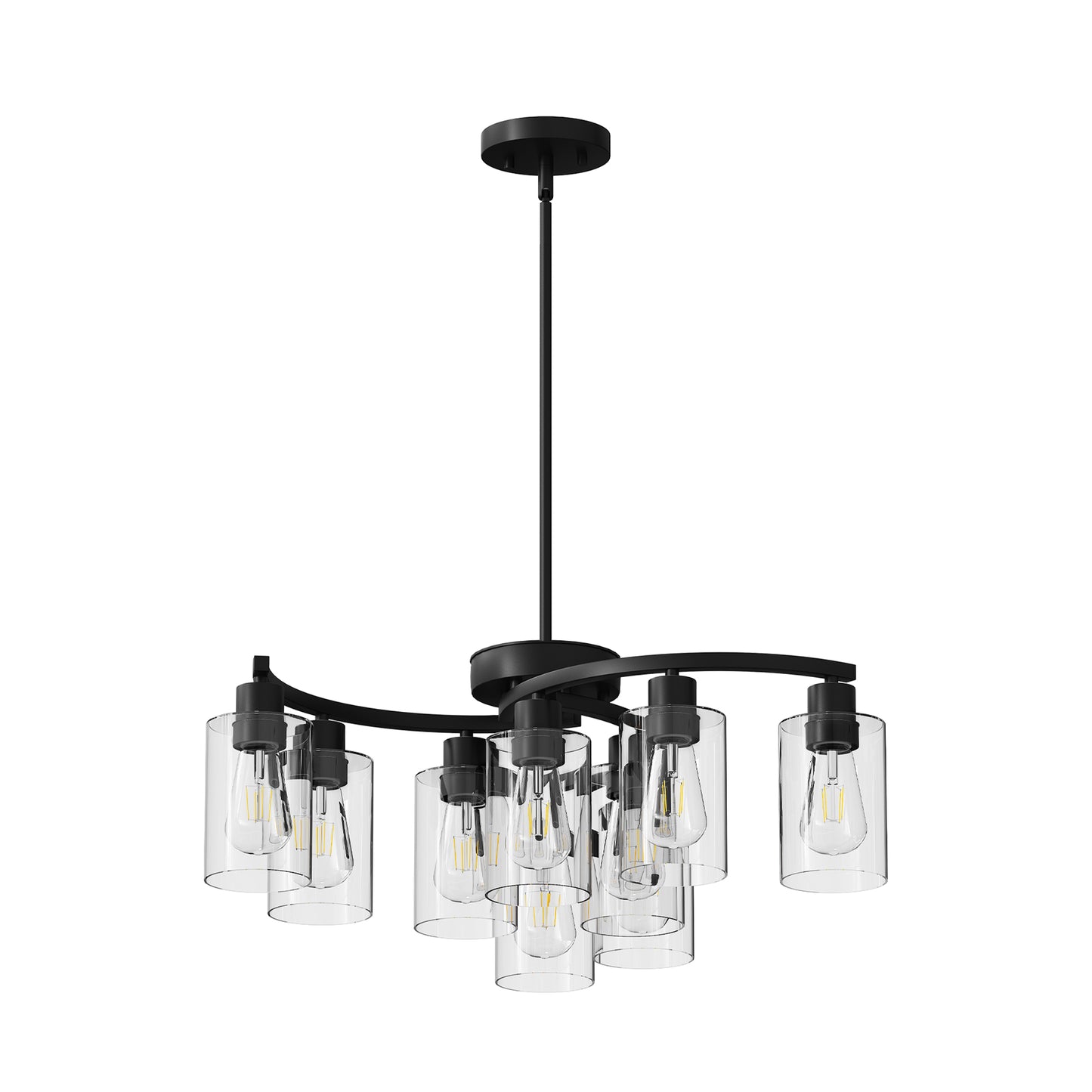 9-Light Modern Black Chandelier – Adjustable Industrial Farmhouse Ceiling Light with Clear Glass Shades for Dining Room & Kitchen Island