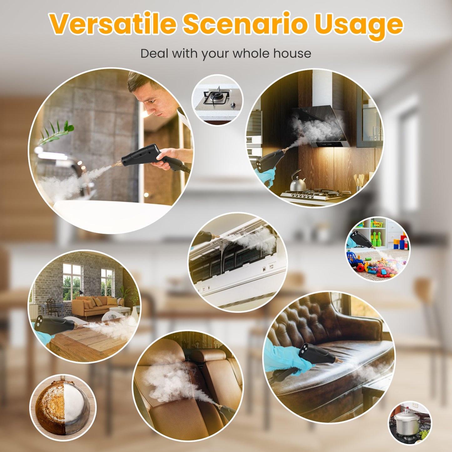 1500W Handheld Steam Cleaner High Temperature Pressure 1200ML Tank 6 Steam Levels with 8 Accessories for Home Car Tile and Sofa Cleaning