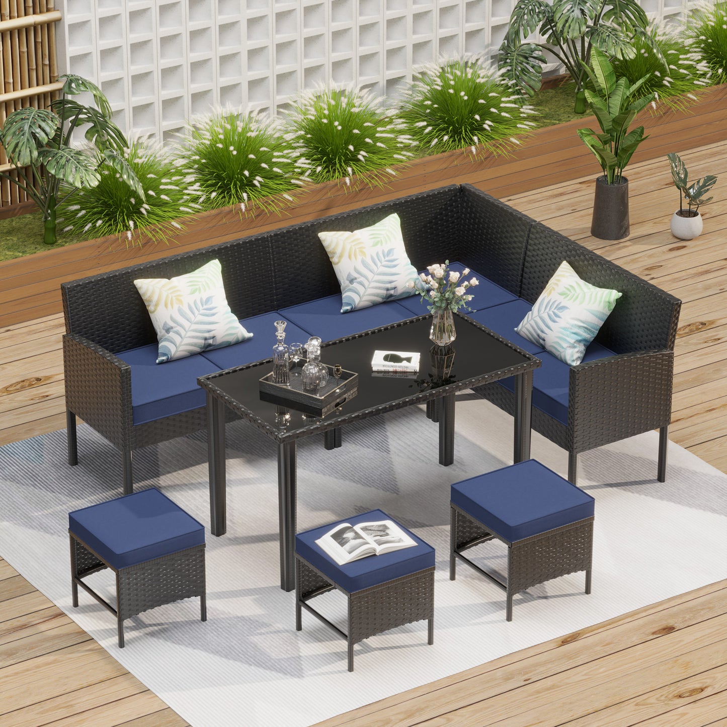7-Piece Small Space Patio Furniture Set Outdoor Backyard Seating with Waterproof Cushions & Glass Table Dark Blue