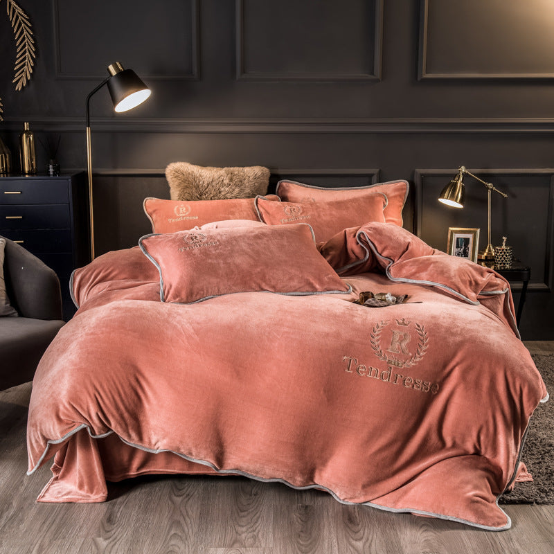 Autumn Winter Thick Fleece Bedding Set Pure Embroidery 4 Piece Quilt Cover Bed Sheet Set Warm Home Textile