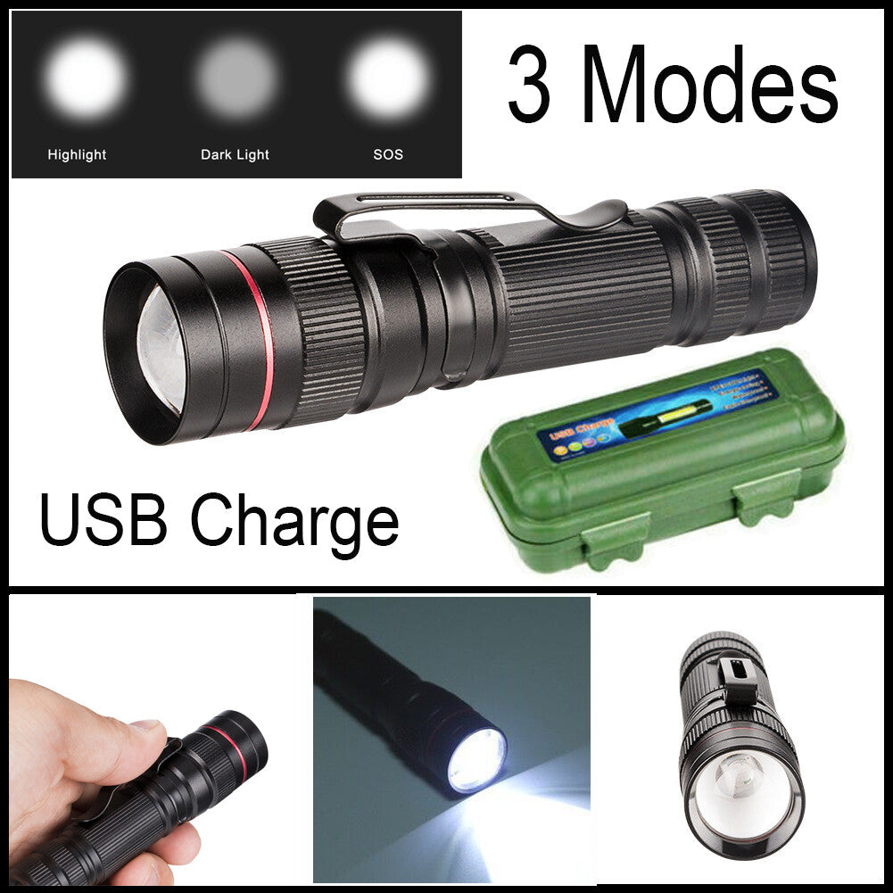USB Rechargeable Military LED Flashlight – Tactical Zoom Mini Powerful Pen Torch