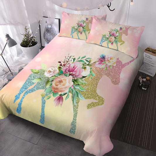 3-Piece Kids Bedding Set for Girls Glitter Cartoon Horse Rose Duvet Cover Ultra Soft Teen Bedspread