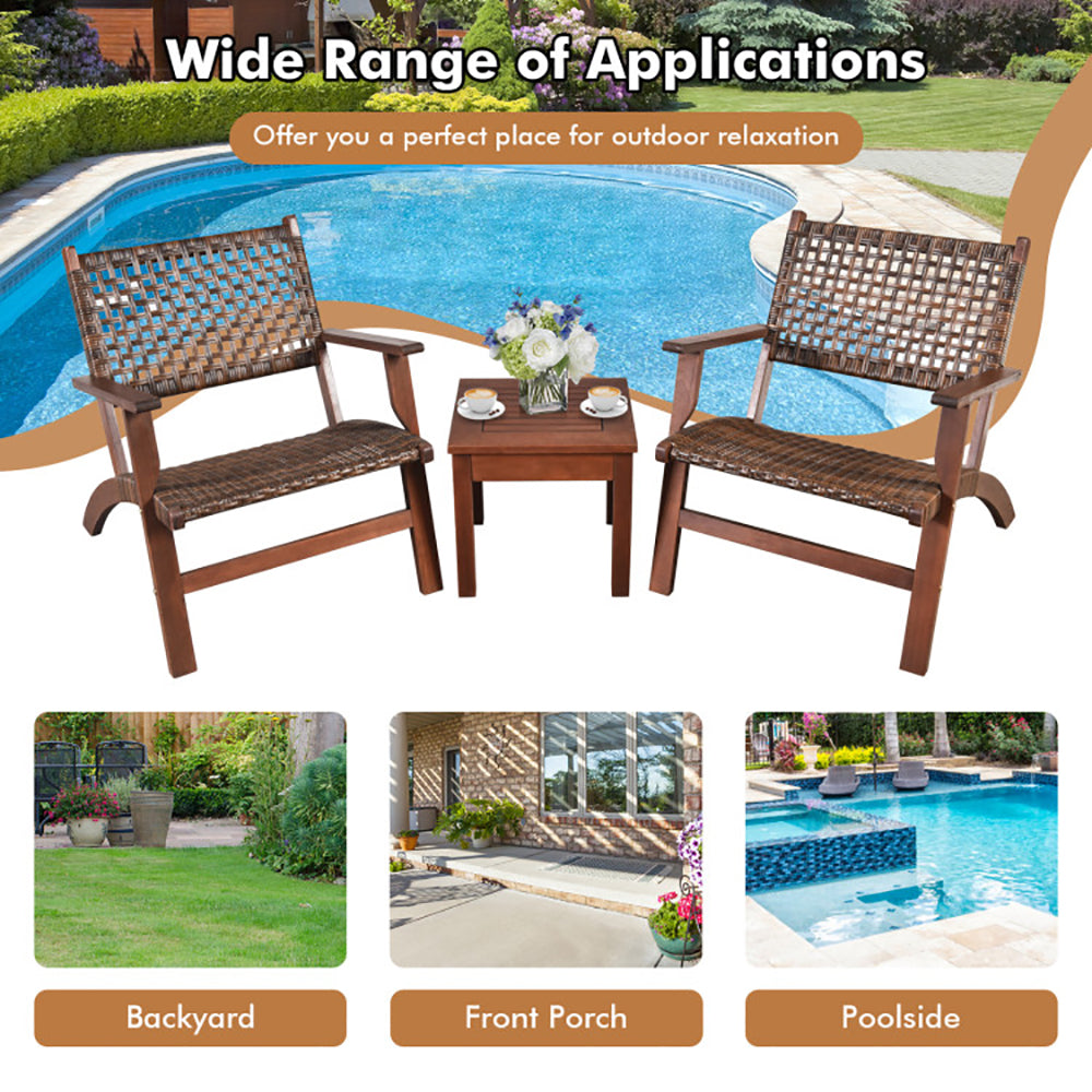 3 Pieces Outdoor Wooden & Rattan Patio Furniture Set Garden Sofa Chair Table Balcony Seating Set