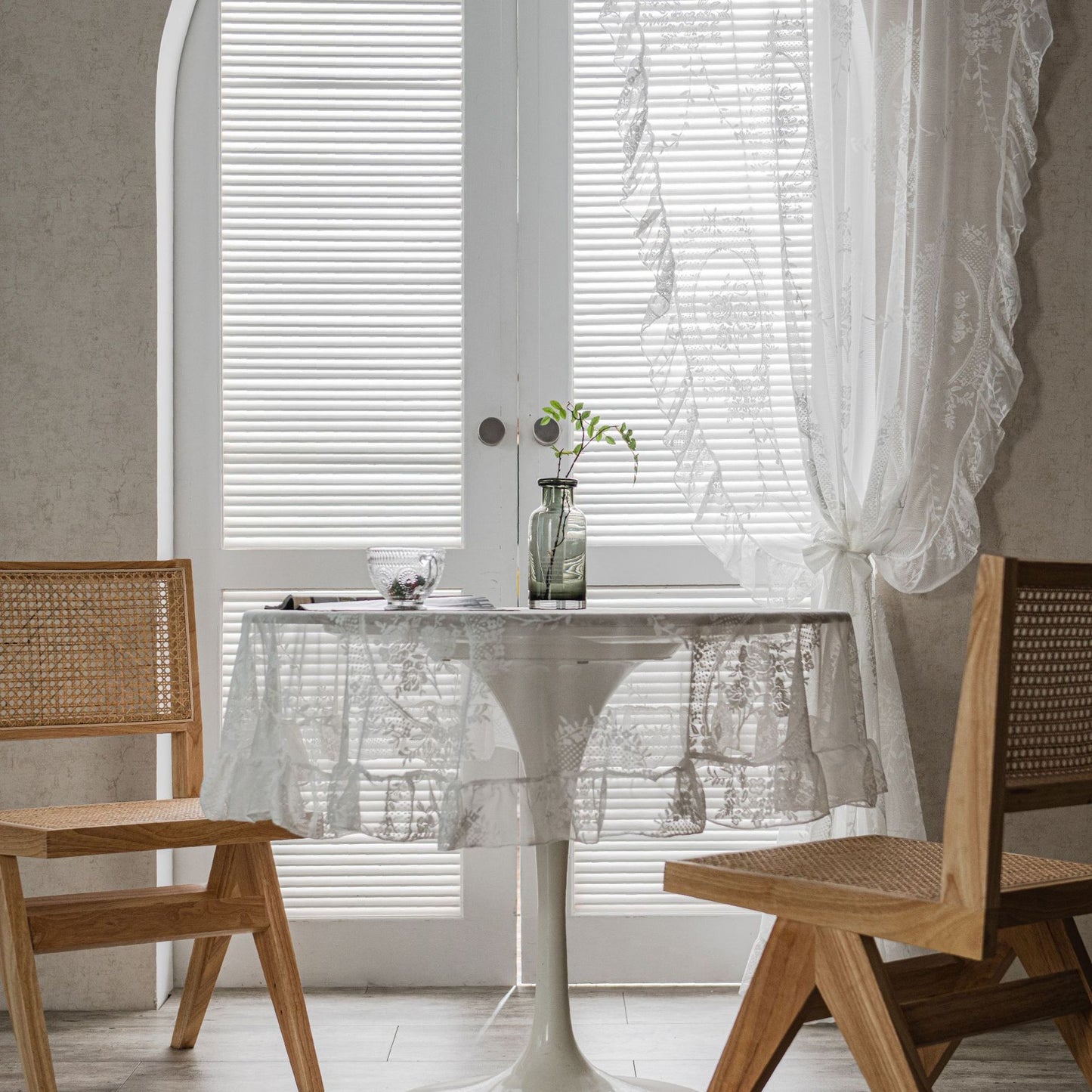 Lace Trim Balcony Bay Window Curtains White Sheer Partition Wavy Pastoral Style Elegant Drapes