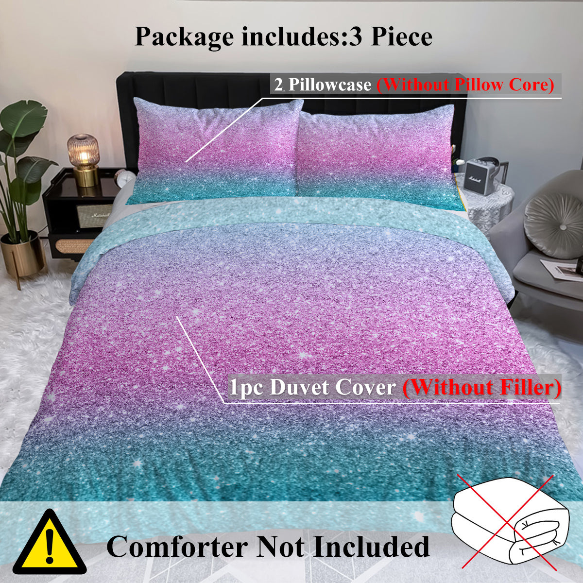 Girly Rainbow Glitter Ombre Duvet Cover Bedding Set 3 Pcs Pastel Purple Blue Green Bedspread with 2 Pillow Shams