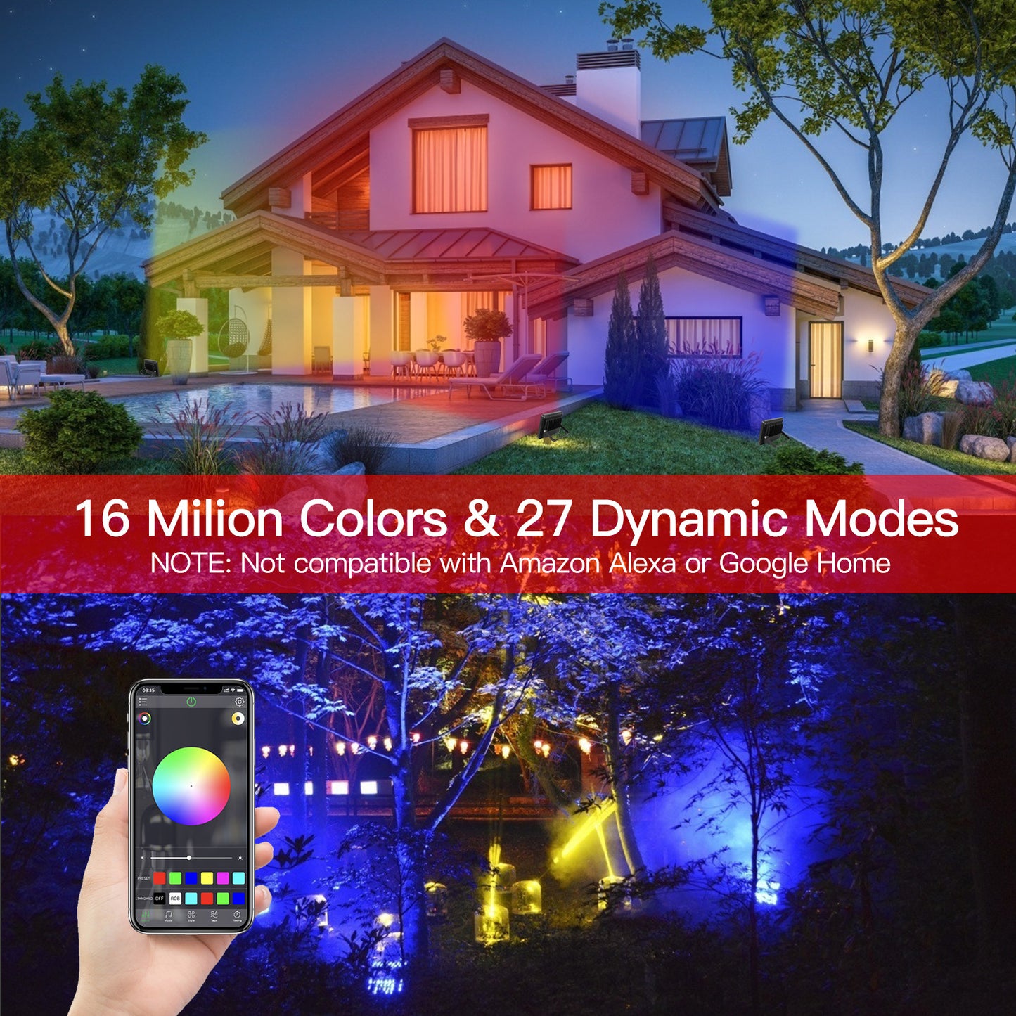 20W RGB Bluetooth Smart Flood Light Outdoor Dual Color Voice Control Timer LED Landscape Lighting