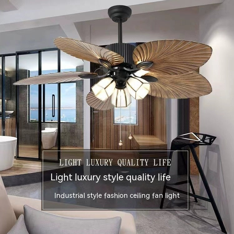 Retro Ceiling Fan Light Southeast Asia Style Frequency Conversion Silent Home Living Room Dining Room Ceiling Lamp
