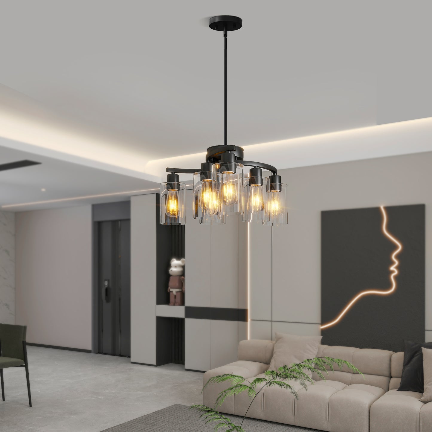 6-Light Modern Farmhouse Black Chandelier – Industrial Glass Pendant Light for Kitchen & Dining Room