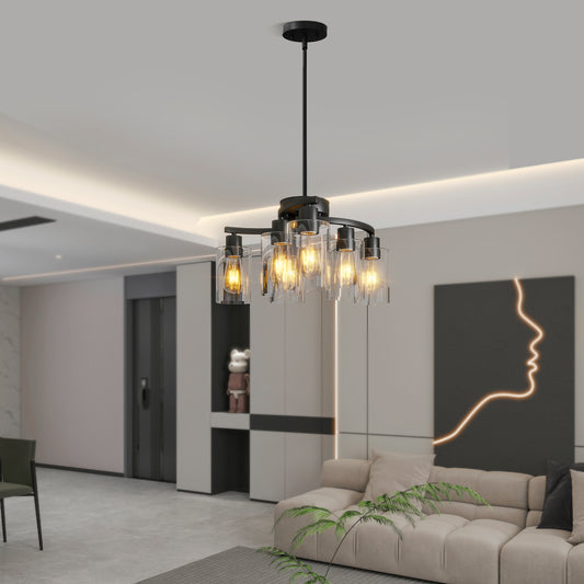 6-Light Modern Farmhouse Black Chandelier – Industrial Glass Pendant Light for Kitchen & Dining Room
