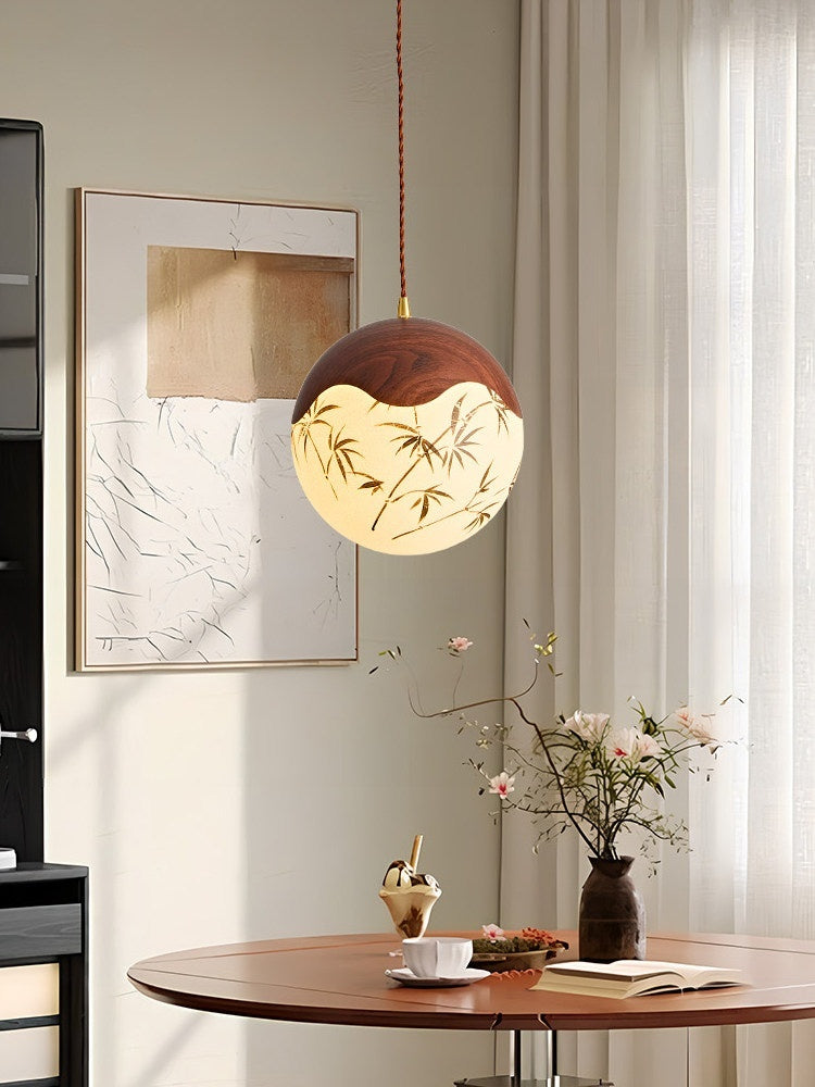 Mid-Century Modern Walnut Pendant Light – Round Globe with Printed Pattern