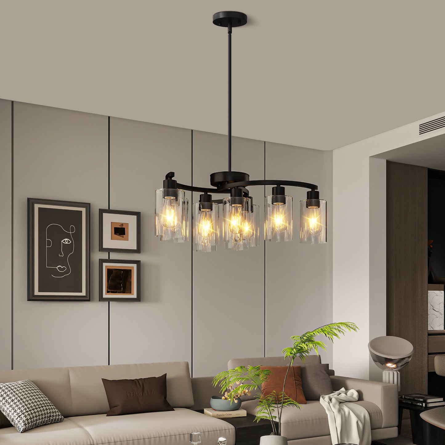 9-Light Modern Black Chandelier – Adjustable Industrial Farmhouse Ceiling Light with Clear Glass Shades for Dining Room & Kitchen Island