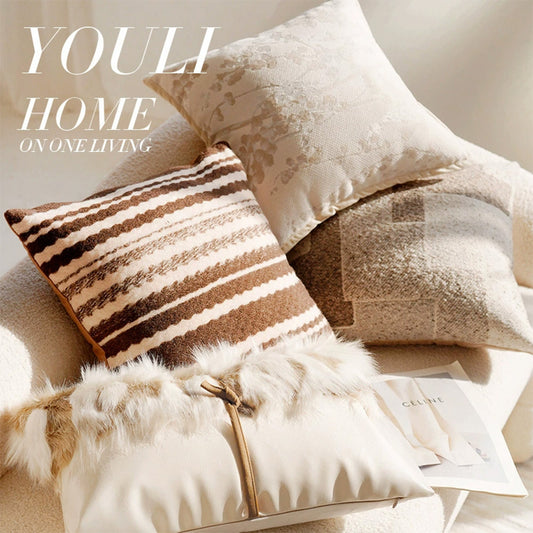 Linen Nordic Style Throw Pillow Covers with Tassel Caramel Color Geometric Retro Texture Cushion Case for Sofa Bedroom Living Room