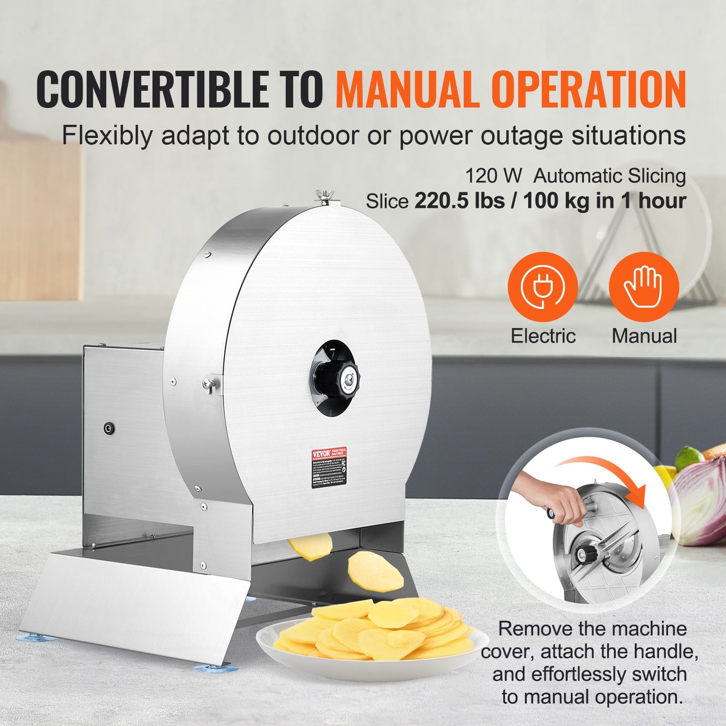 Electric Vegetable Slicer Adjustable Thickness 0 to 12mm Commercial Stainless Steel Food Cutter Machine Convertible to Manual with Large Feed Port for Potato and Tomato