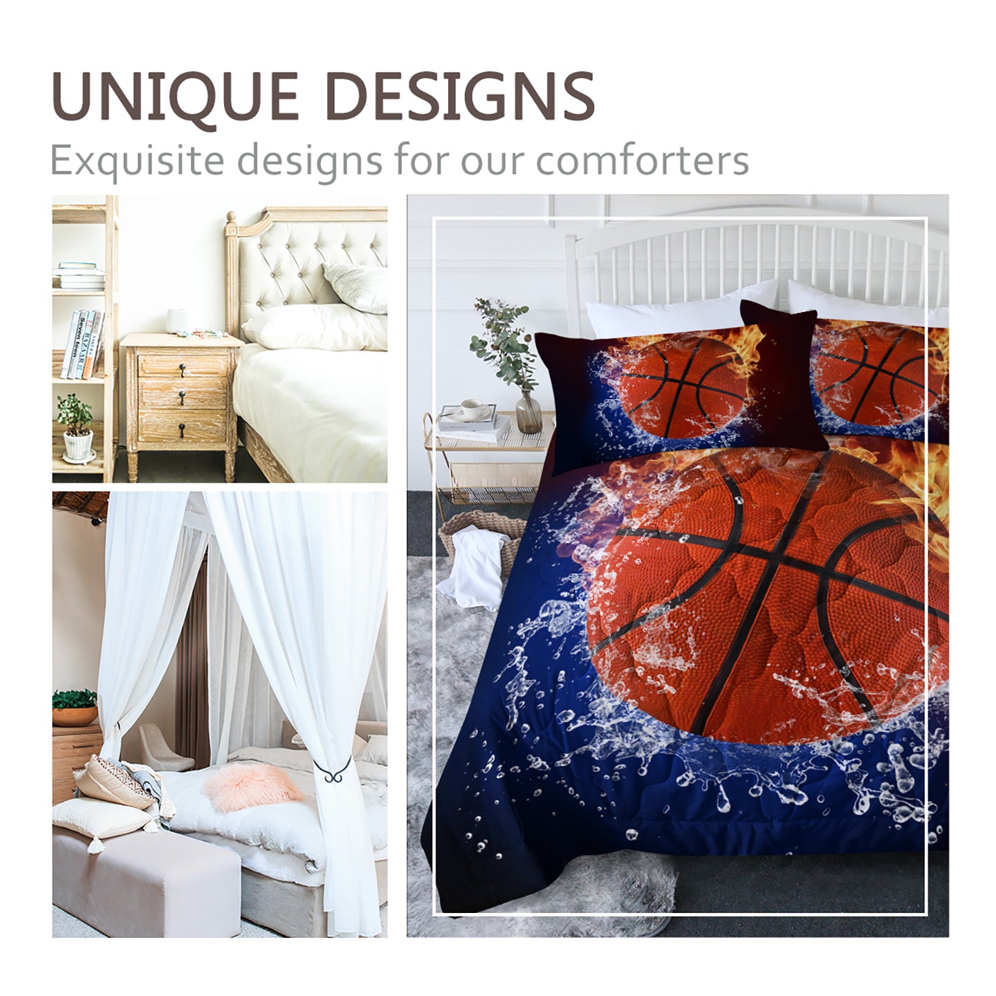 Sports Basketball Fire 3 Piece Bedding Set Comforter Duvet Cover Bed Sheet Athletic Bedroom Decor