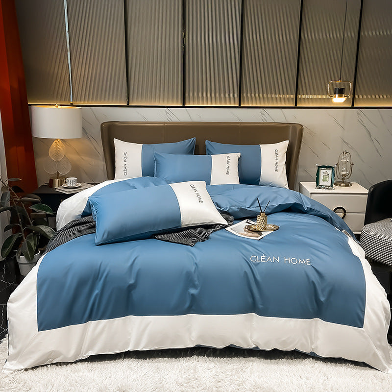 European and American Letters Embroidered Cotton Satin Four Piece Bedding Set Luxury Soft Duvet Cover Bed Sheet Set