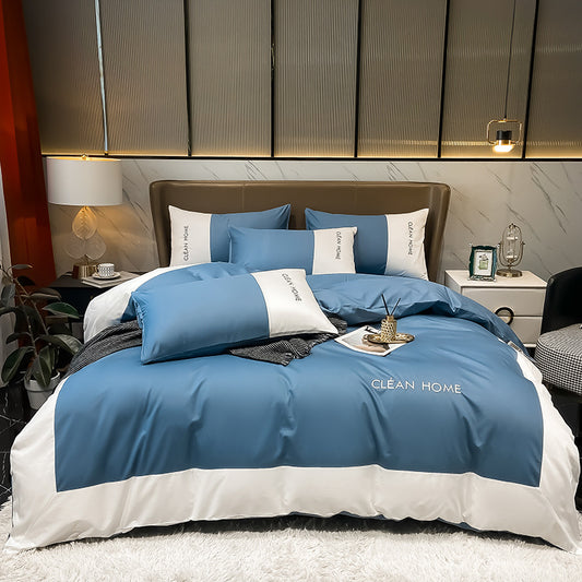 European and American Letters Embroidered Cotton Satin Four Piece Bedding Set Luxury Soft Duvet Cover Bed Sheet Set