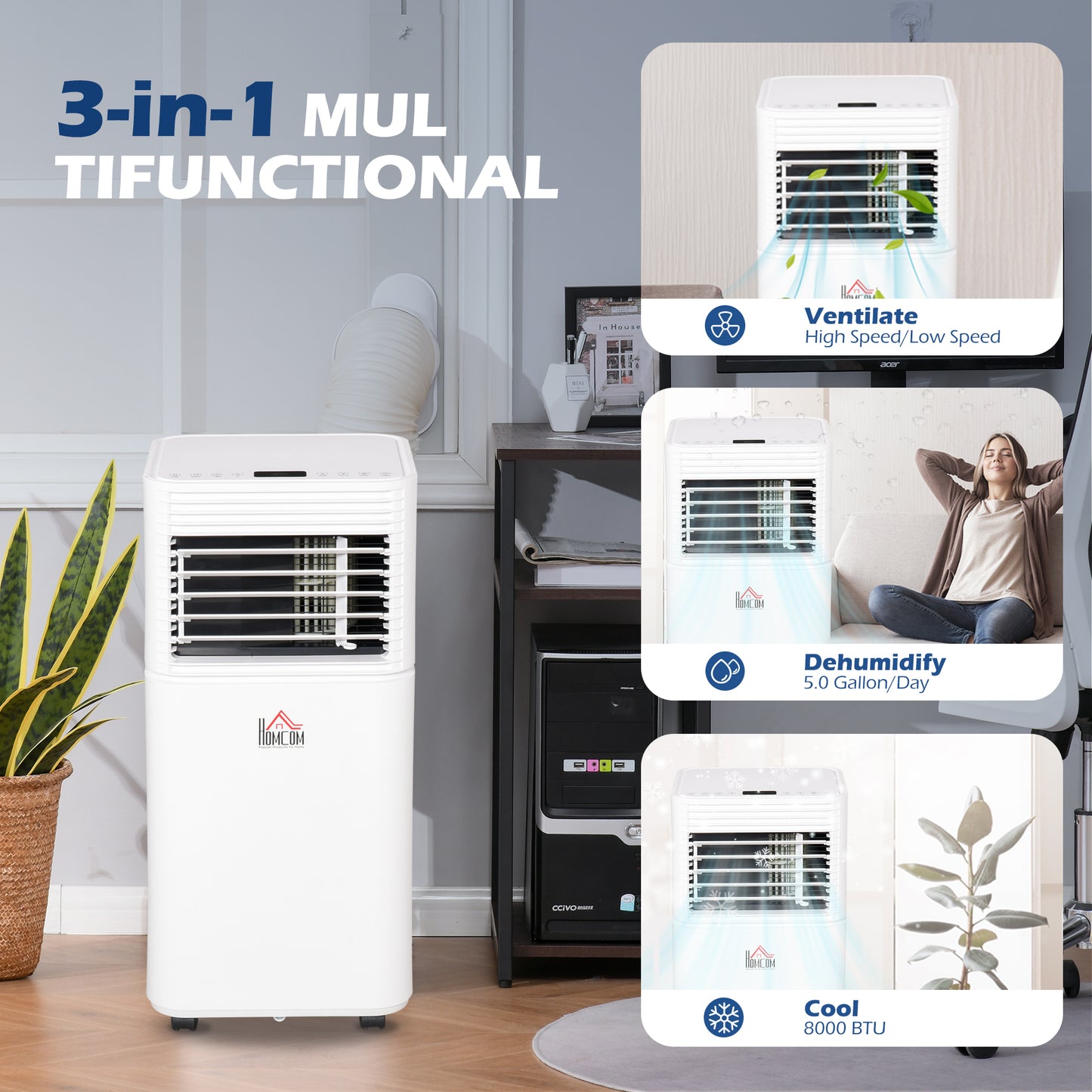 8000 BTU Portable Air Conditioner with Remote Control Cooling & Dehumidifying 24H Timer LED Display White