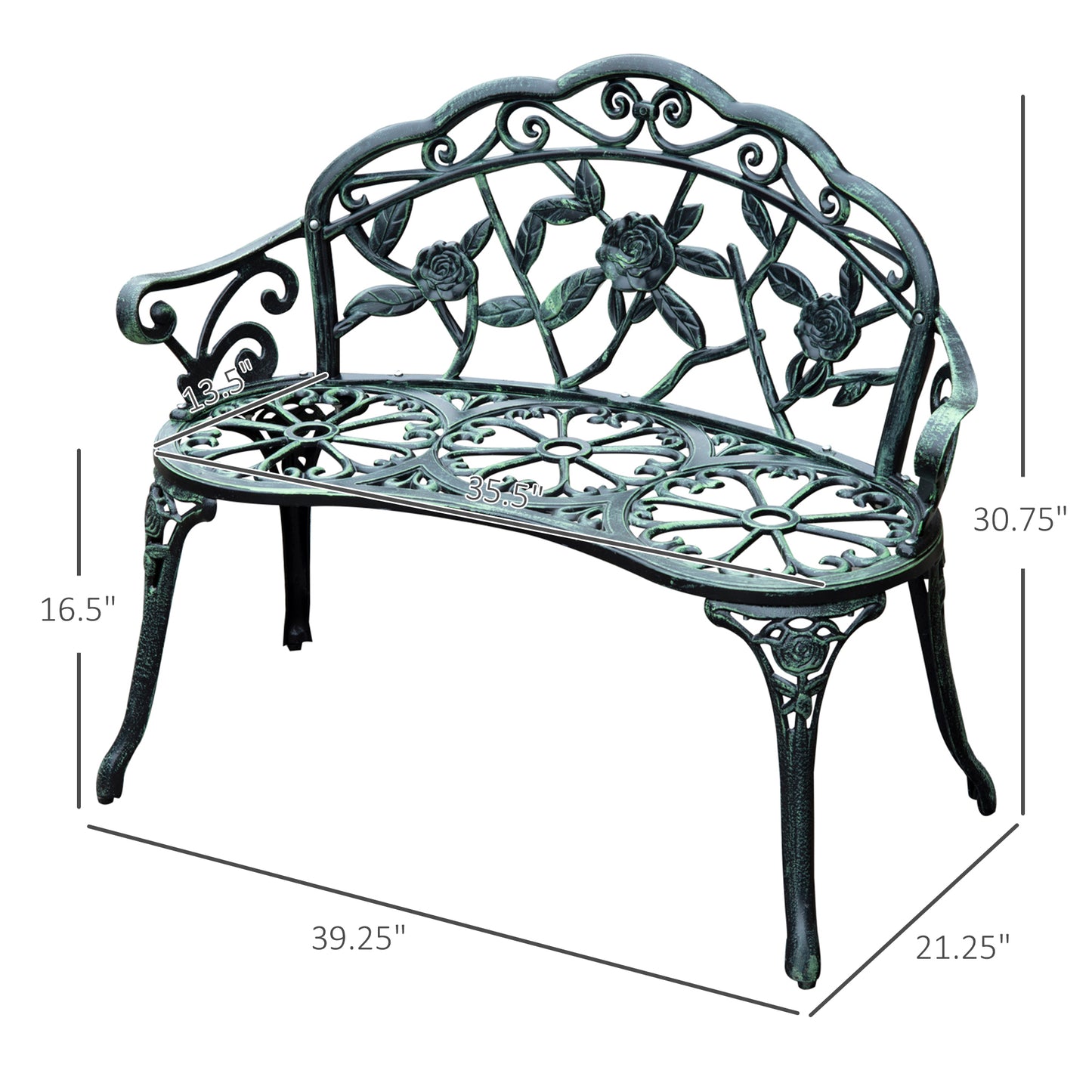 Outdoor Cast Aluminum Garden Bench Metal Floral Rose Accent Antique Finish Patio Seating Furniture Green