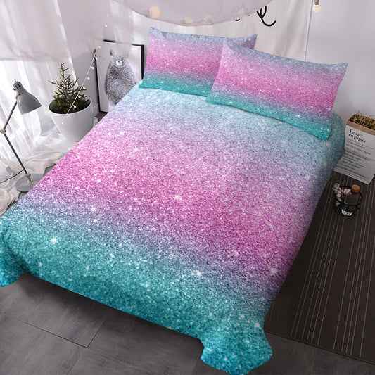 Girly Rainbow Glitter Ombre Duvet Cover Bedding Set 3 Pcs Pastel Purple Blue Green Bedspread with 2 Pillow Shams