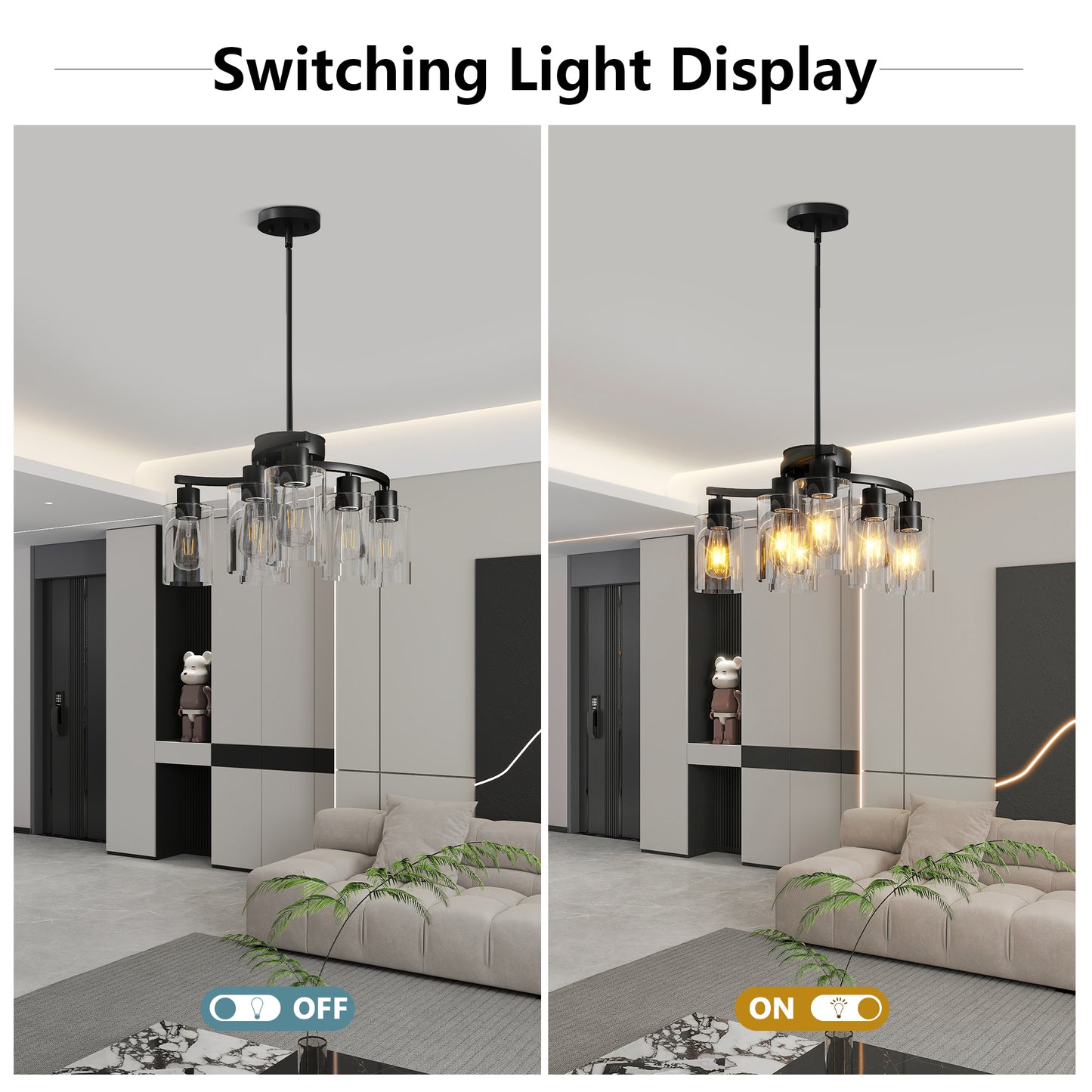 6-Light Modern Farmhouse Black Chandelier – Industrial Glass Pendant Light for Kitchen & Dining Room