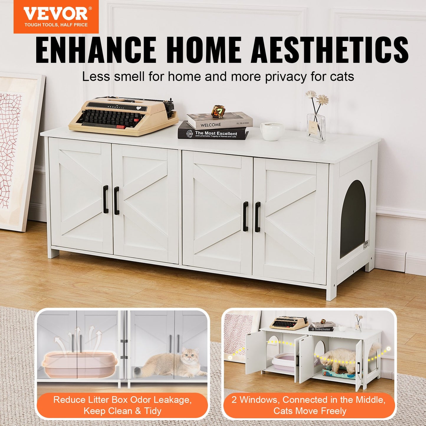 Wooden Cat Litter Box Enclosure Furniture Hidden 2-Room Cat House Cabinet White Pet Storage Cabinet