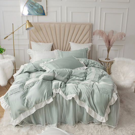 Lace Bed Skirt Quilt Cover 4 Piece Bedding Set Korean Princess Style Girl Heart Design Home Textile Set