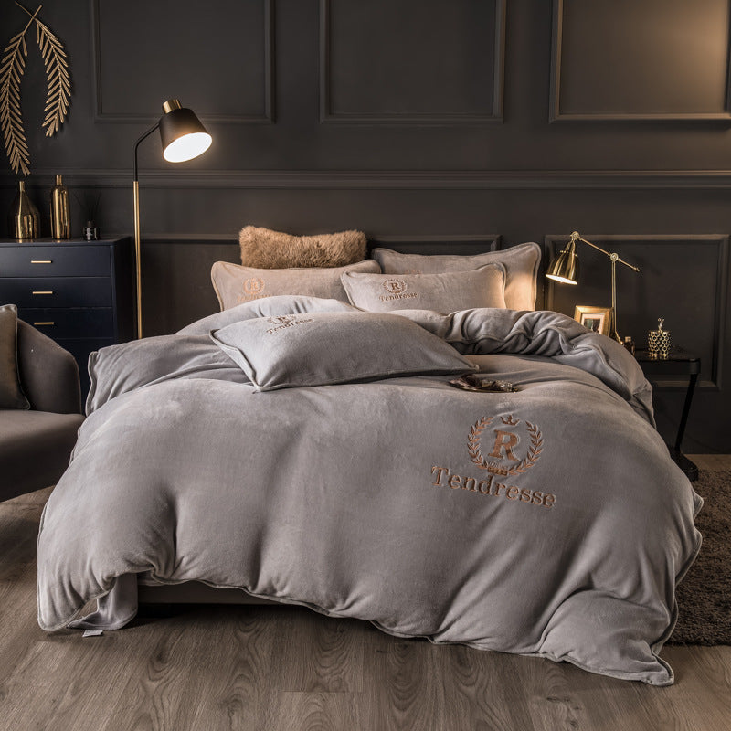 Autumn Winter Thick Fleece Bedding Set Pure Embroidery 4 Piece Quilt Cover Bed Sheet Set Warm Home Textile