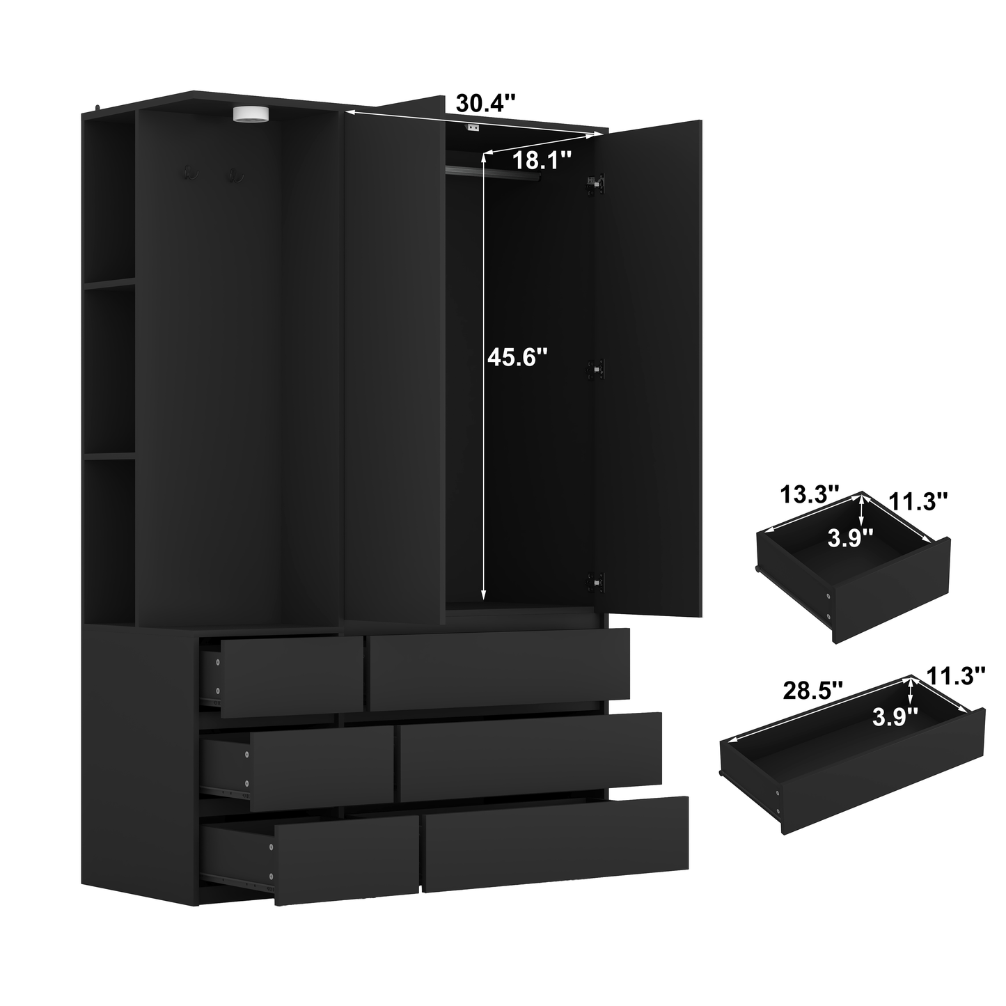 Modern Black Wooden Wardrobe Closet 71.7” Bedroom Storage Cabinet 2 Doors 6 Drawers With Shelves & Hanging Rail
