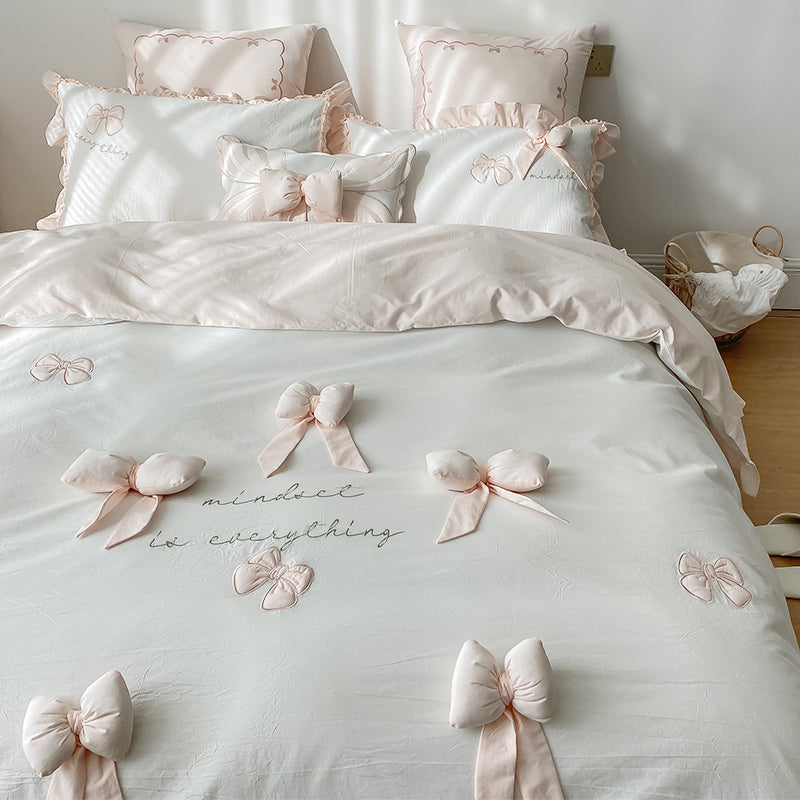 Four Piece Washed Cotton Bedding Set 3D Bow Design Soft Duvet Cover Bed Sheet Pillowcase Set for Bedroom Decor