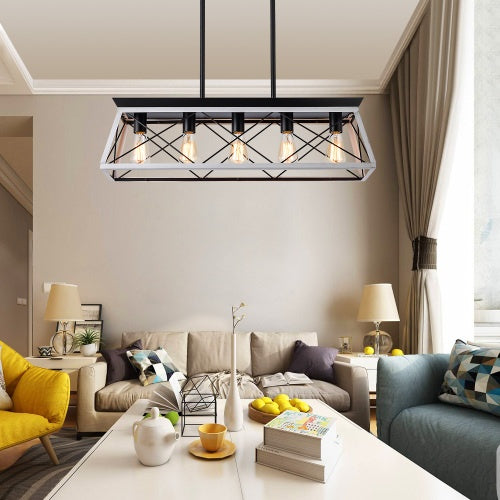 5-Light Farmhouse White Chandelier – Dining Room Ceiling Pendant Lamp (Bulbs Not Included)