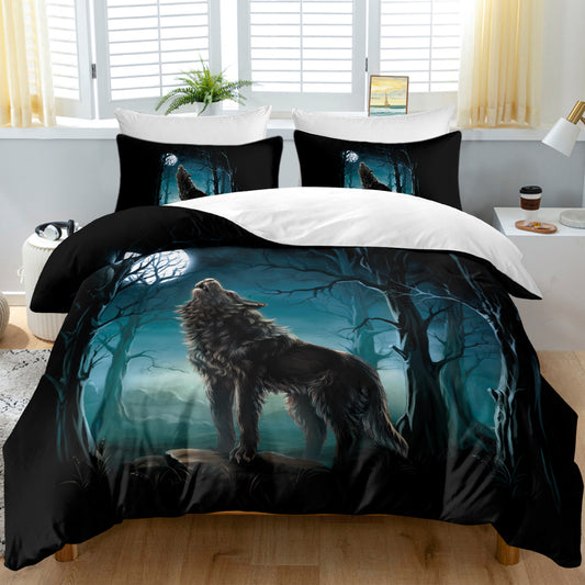 Moon Wolf Bedding Set Green Watercolor Forest Duvet Cover 3 Piece Wild Animal Bed Set Twin Full Queen King
