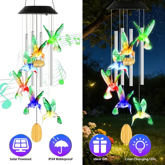 Solar Hummingbird Wind Chime – 7 Color Changing LED Outdoor Garden Decor with Aluminum Tubes (IPX4 Waterproof, 1–2 Pcs Options)